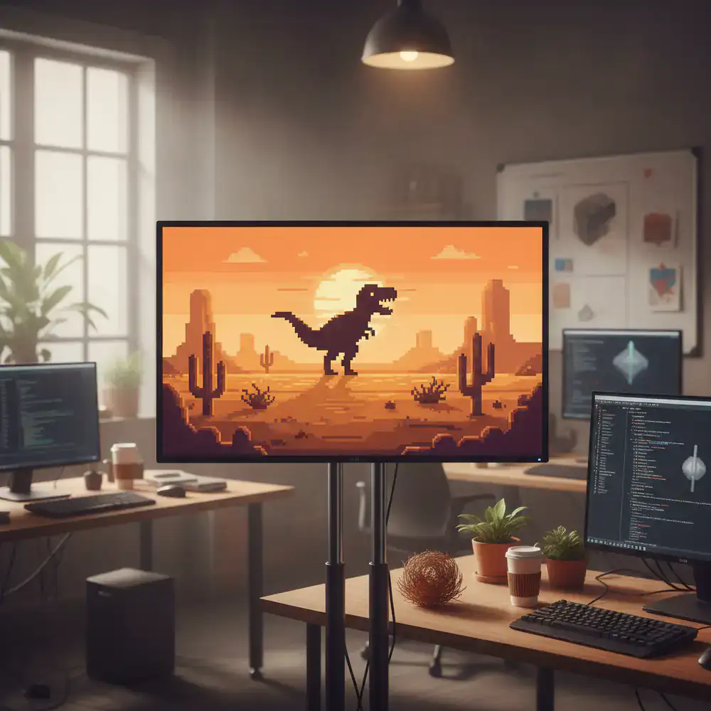 Pantalla mostrando arte pixelado del desierto y un dinosaurio en el estudio de desarrollo