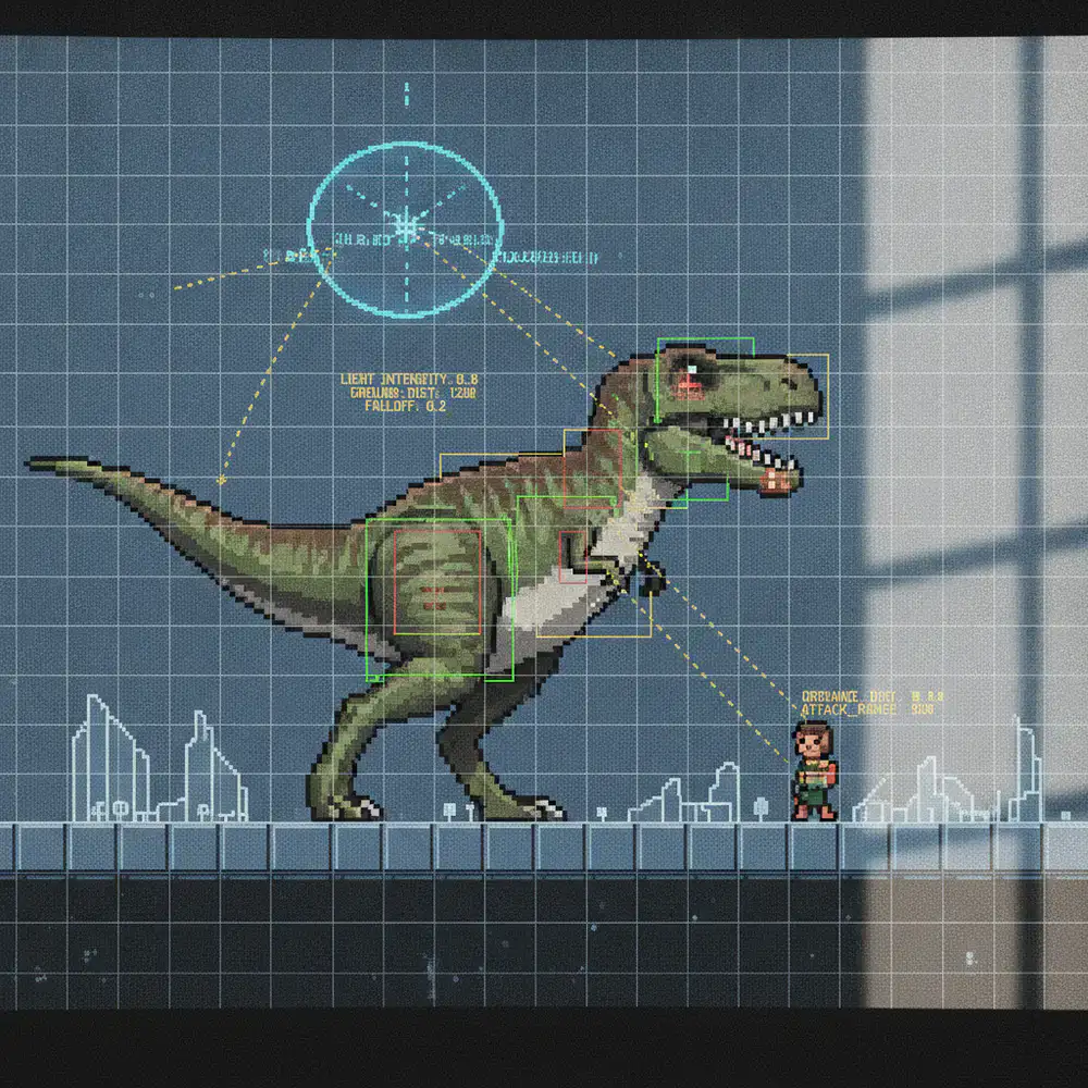 Esquema técnico del motor del juego mostrando hitboxes del dinosaurio y cálculos de distancia