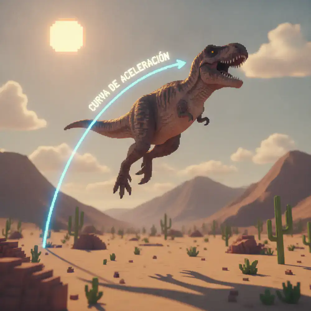 Diagrama de la parábola de salto del dinosaurio mostrando la curva de aceleración