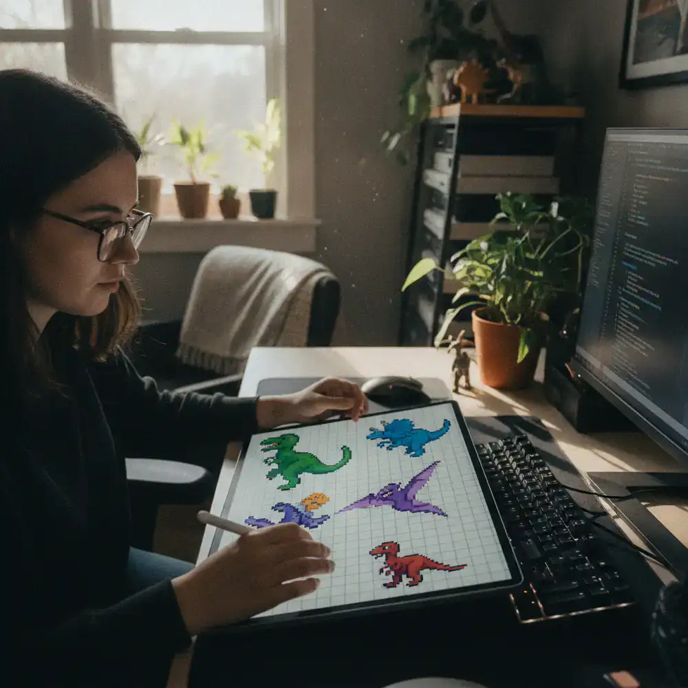 Desarrollador trabajando en sprites pixel art de dinosaurio