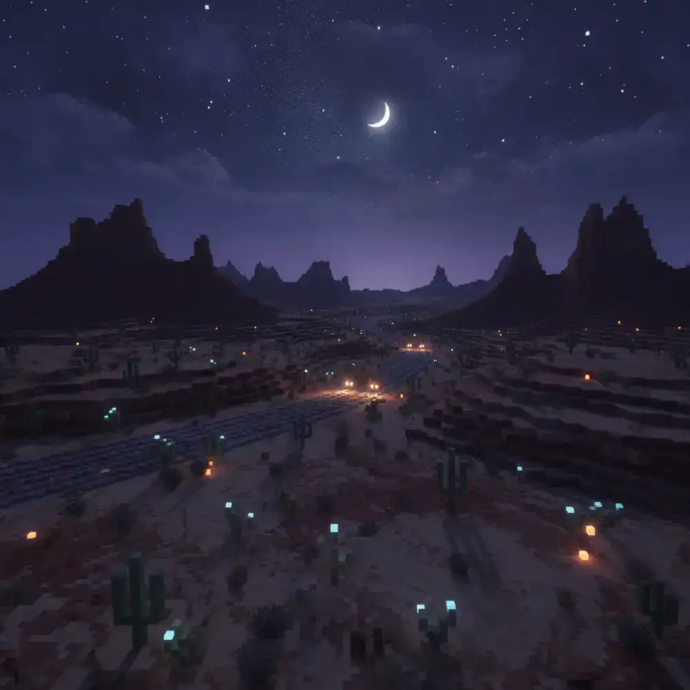 Vista previa en desarrollo del escenario desierto en fase nocturna