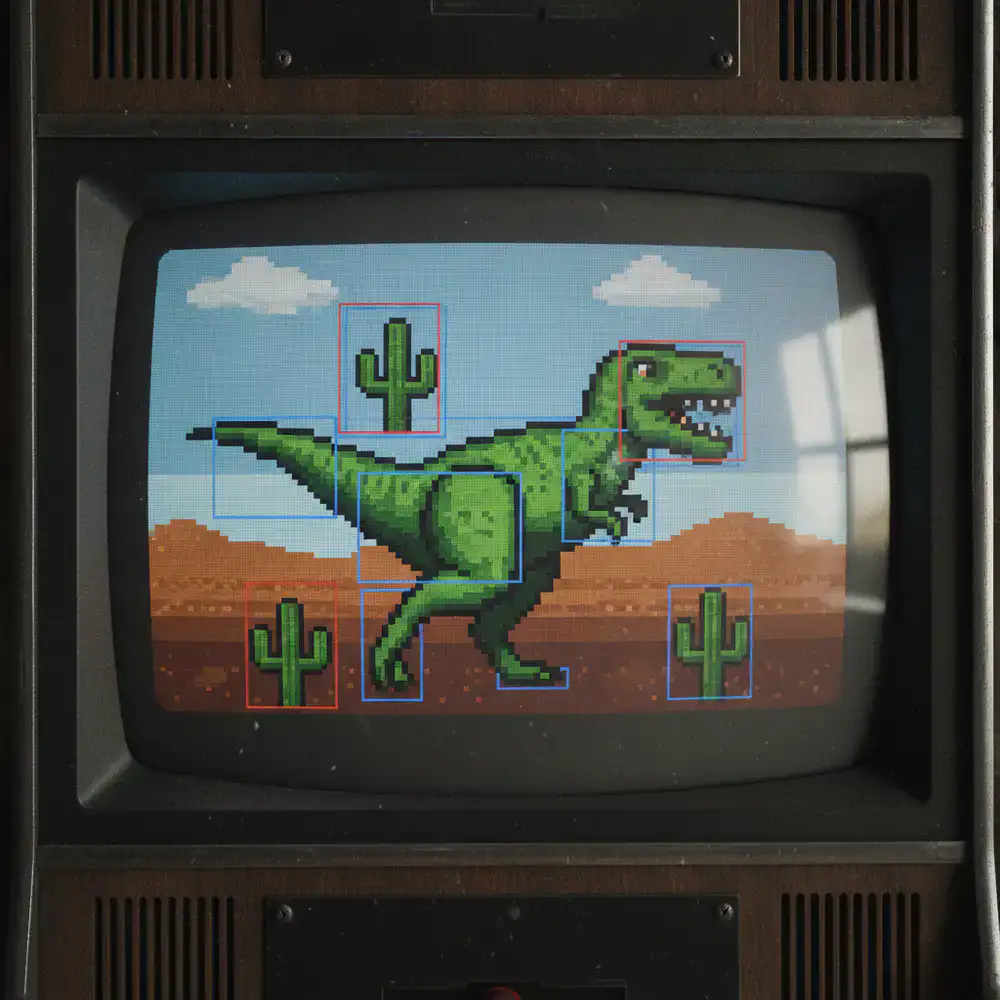 Pantalla de diagnóstico del juego mostrando las cajas de colisión del dinosaurio contra un cactus