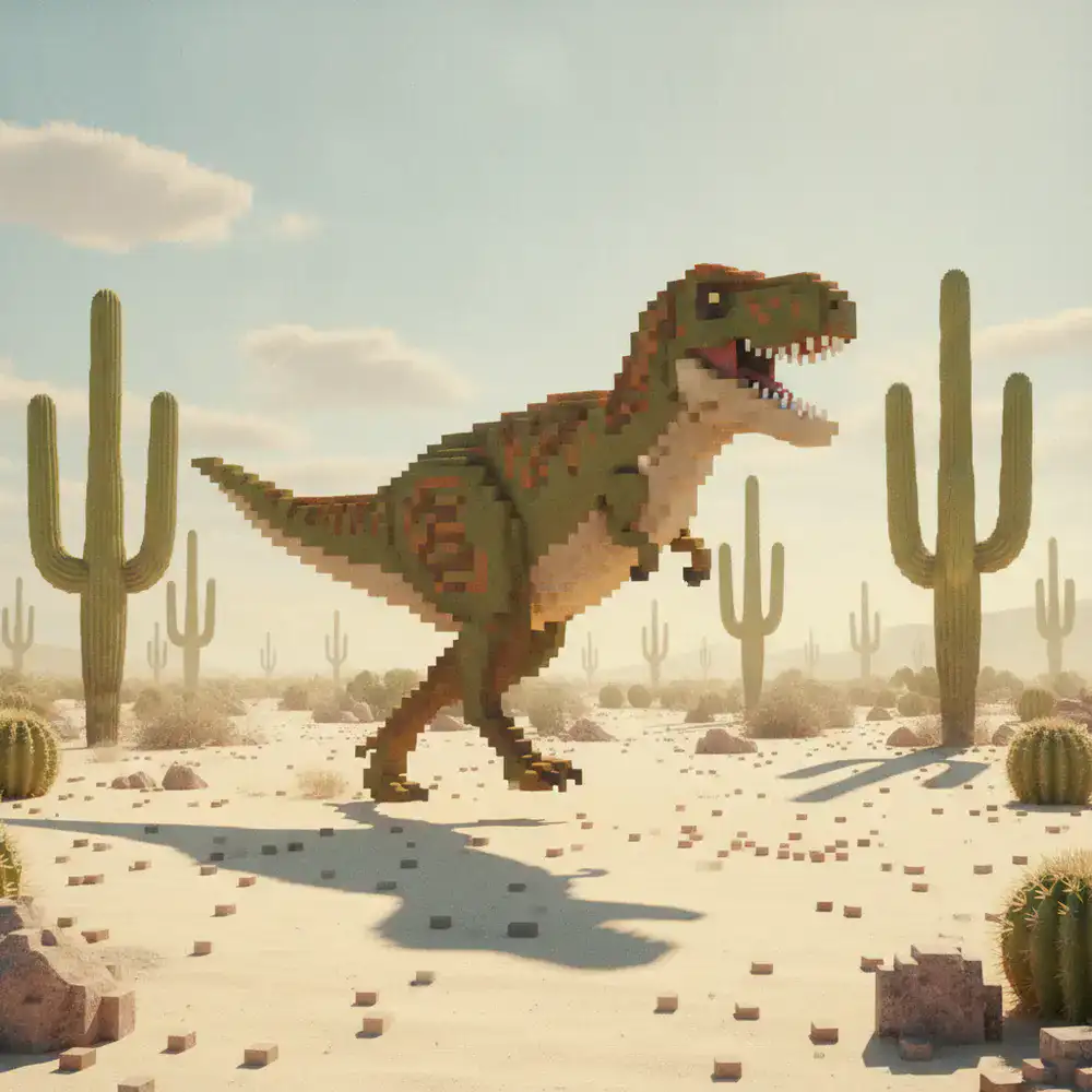 Dinosaurio pixelado corriendo en un entorno desértico claro con cactus