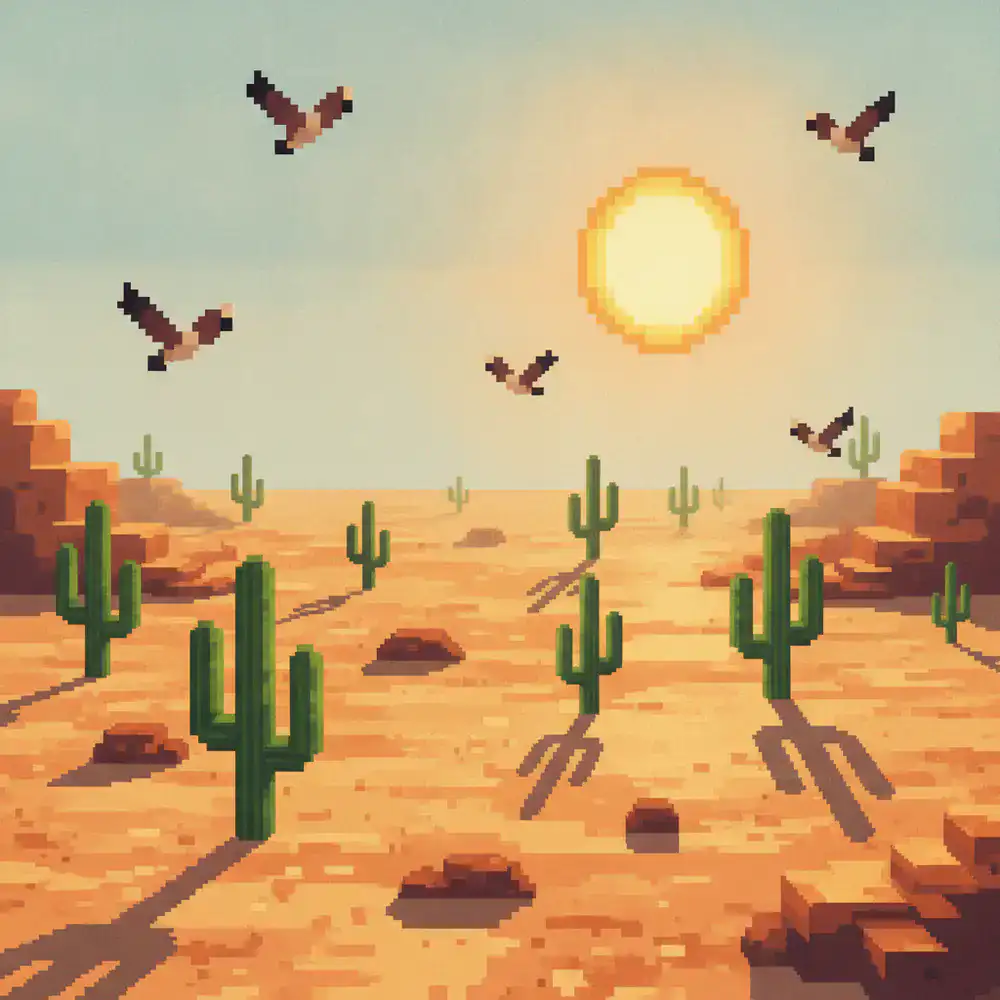 Ilustración del terreno desértico con múltiples obstáculos como cactus y aves pixeladas
