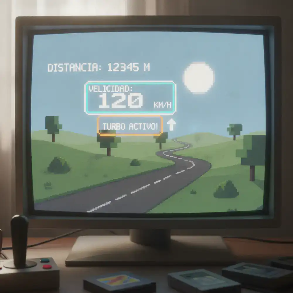 Captura de pantalla detallada de la interfaz del juego mostrando el contador de distancia retro y tarjetas de velocidad emergentes