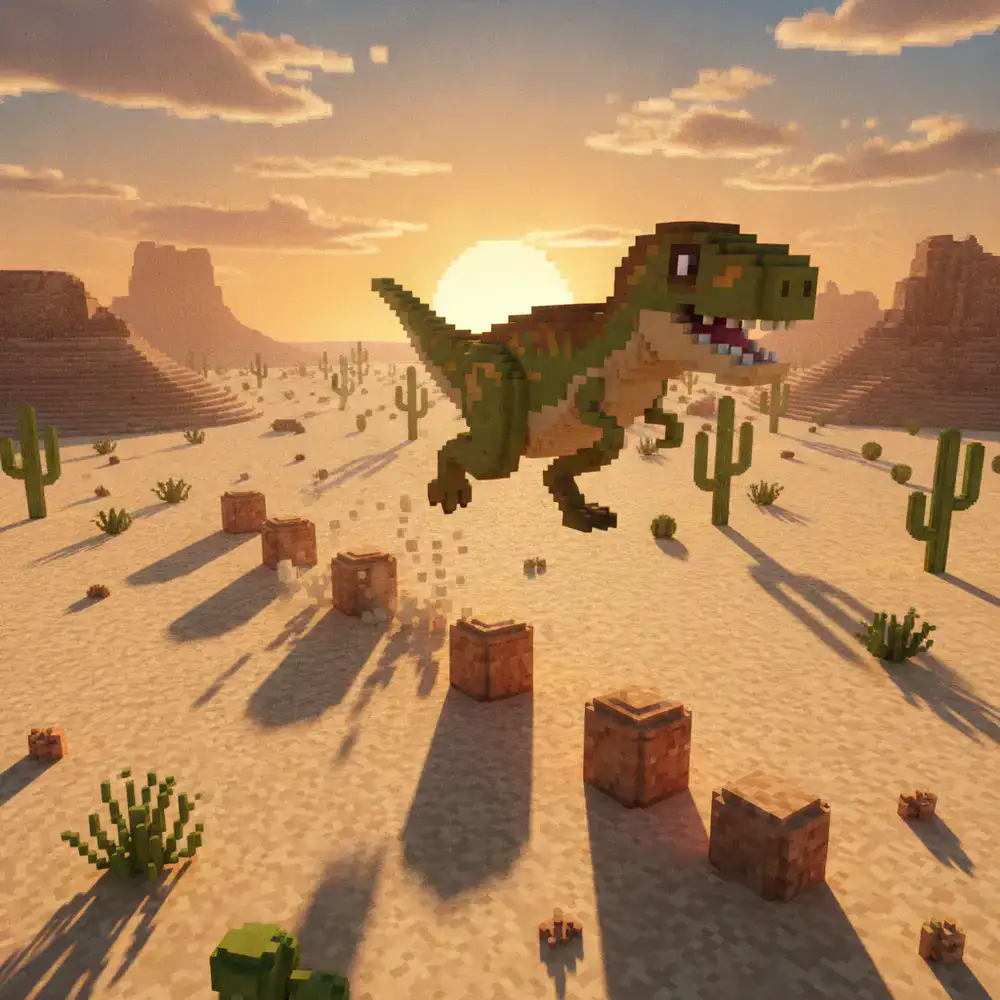 Dinosaurio pixelado saltando obstáculos en el desierto